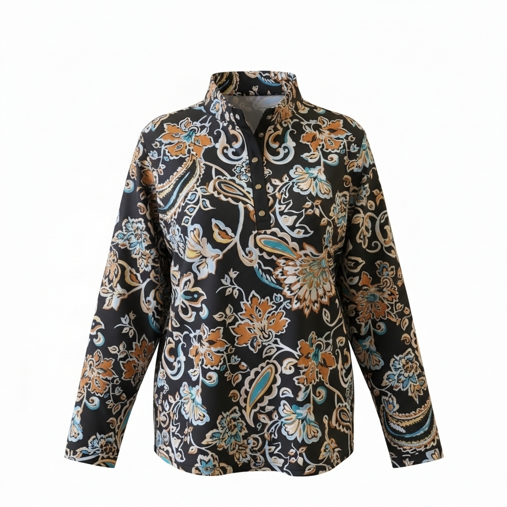 Chico's Black Floral Paisley Snap-Front Blouse